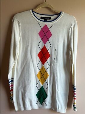 Tommy Hilfiger White Crewneck Sweater with Pink, Red, Yellow & Green Argyle